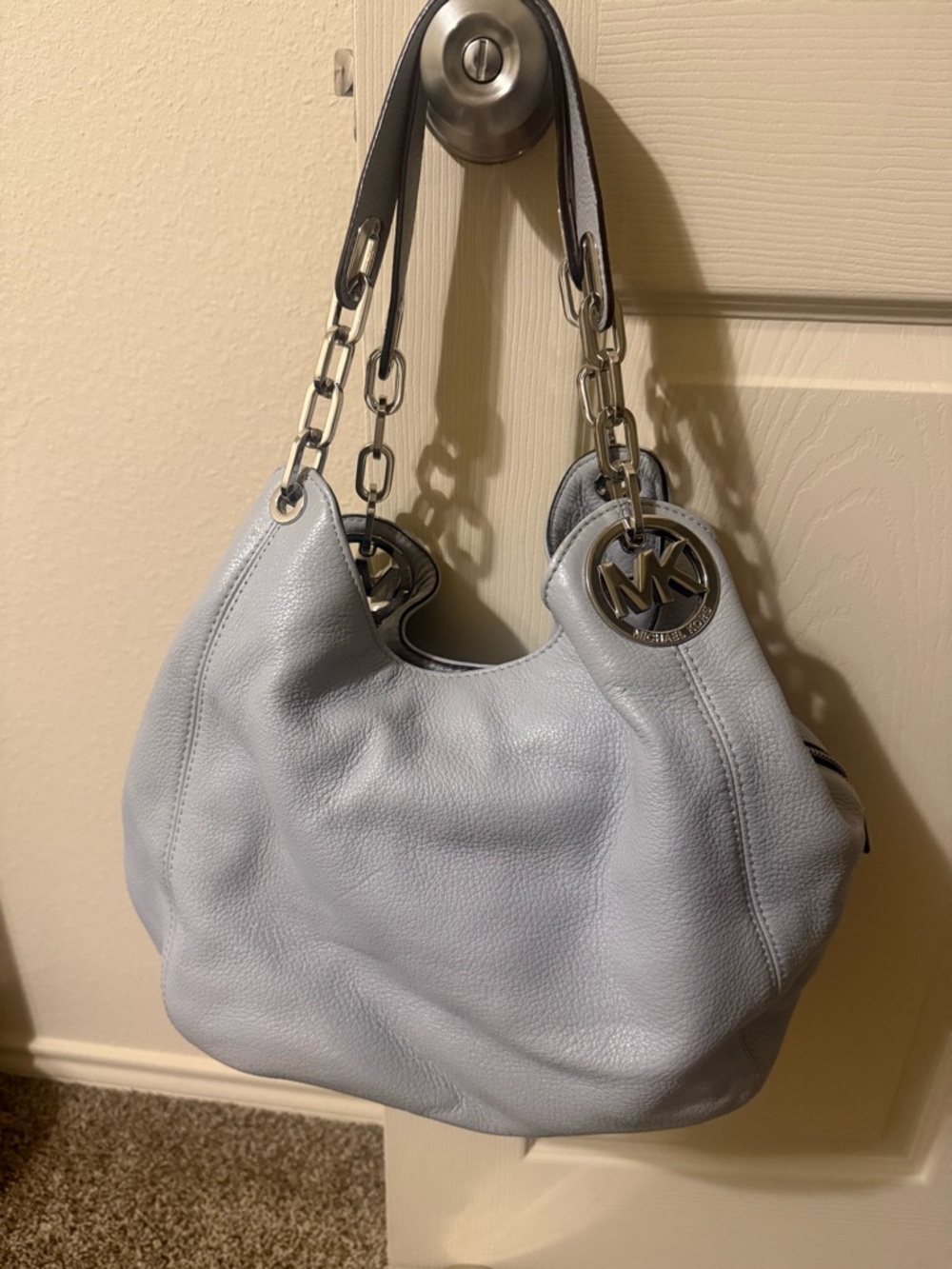 Michael Kors Pale Blue Leather Shoulder Hobo with Silver Chain Handles